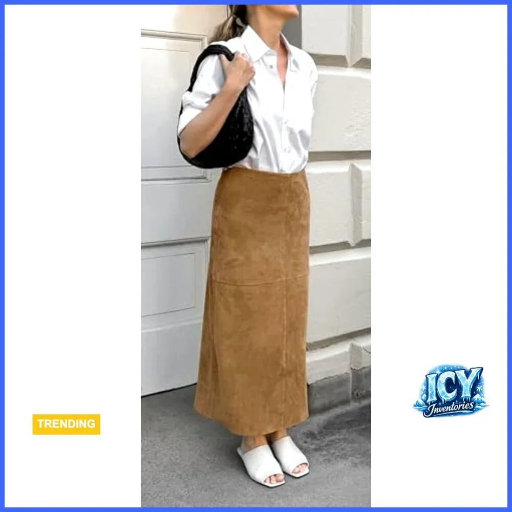 Faux Suede Leather Pencil Maxi Skirt Regular Fit Ankle Length A-Line